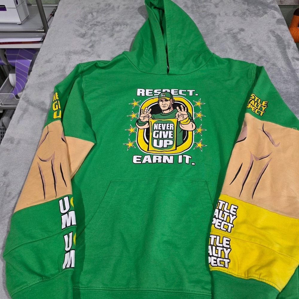 John Cena "Never Give Up" Respect WWE Youth Large Kids Hoodie Green Wrestling